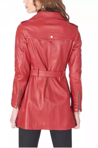 Women’s mid-length belted leather trench-style coat in vibrant red