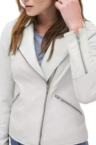 Women’s white biker lambskin leather jacket -zip detailing
