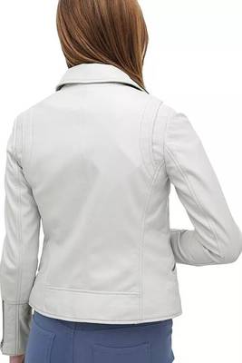 Women’s white biker lambskin leather jacket -zip detailing 3