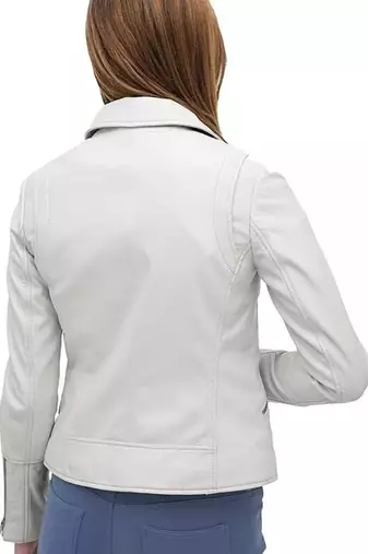Women’s white biker lambskin leather jacket -zip detailing