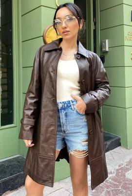Women’s mid-length belted leather brown trench-style coat 1