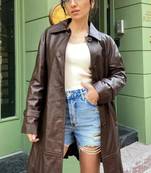 Women’s mid-length belted leather brown trench-style coat