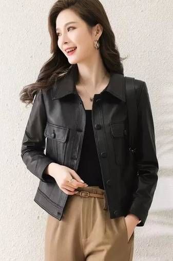 Women’s black  lambskin leather jacket -asymmetrical button style