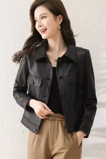 Women’s black  lambskin leather jacket -asymmetrical button style