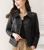 Women’s black  lambskin leather jacket -asymmetrical button style
