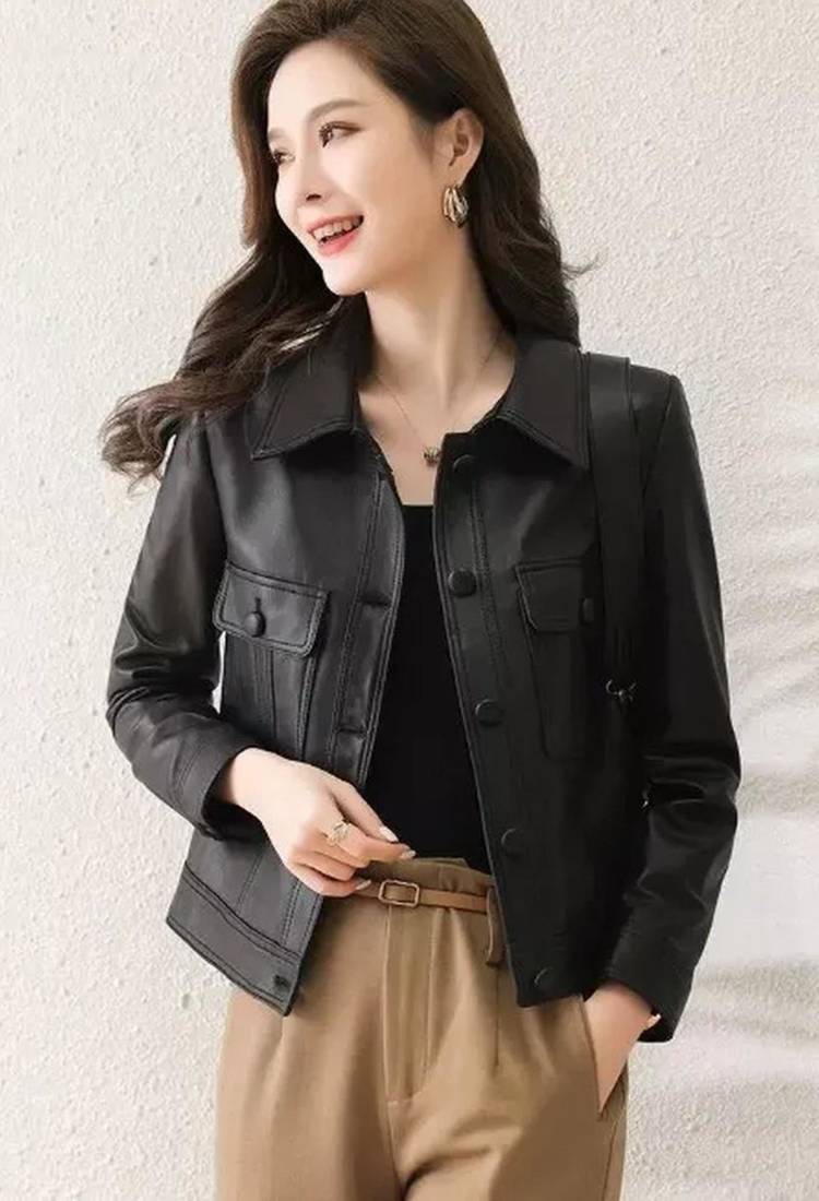 Women’s black  lambskin leather jacket -asymmetrical button style