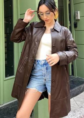 Women’s mid-length belted leather brown trench-style coat 2