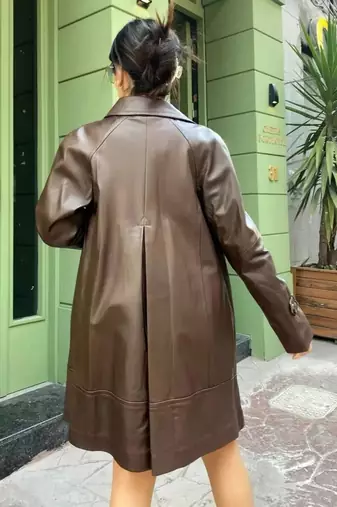 Women’s mid-length belted leather brown trench-style coat