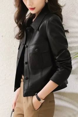 Women’s black  lambskin leather jacket -asymmetrical button style 3