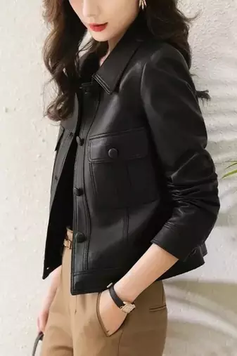 Women’s black  lambskin leather jacket -asymmetrical button style