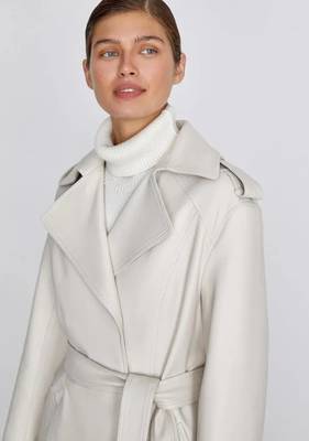 Women’s mid-length belted leather white trench-style coat  2