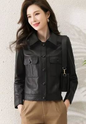 Women’s black  lambskin leather jacket -asymmetrical button style 4