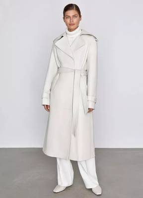 Women’s mid-length belted leather white trench-style coat  1