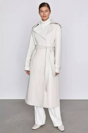 Women’s mid-length belted leather white trench-style coat 