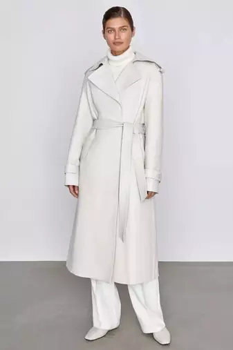 Women’s mid-length belted leather white trench-style coat 