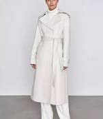 Women’s mid-length belted leather white trench-style coat 