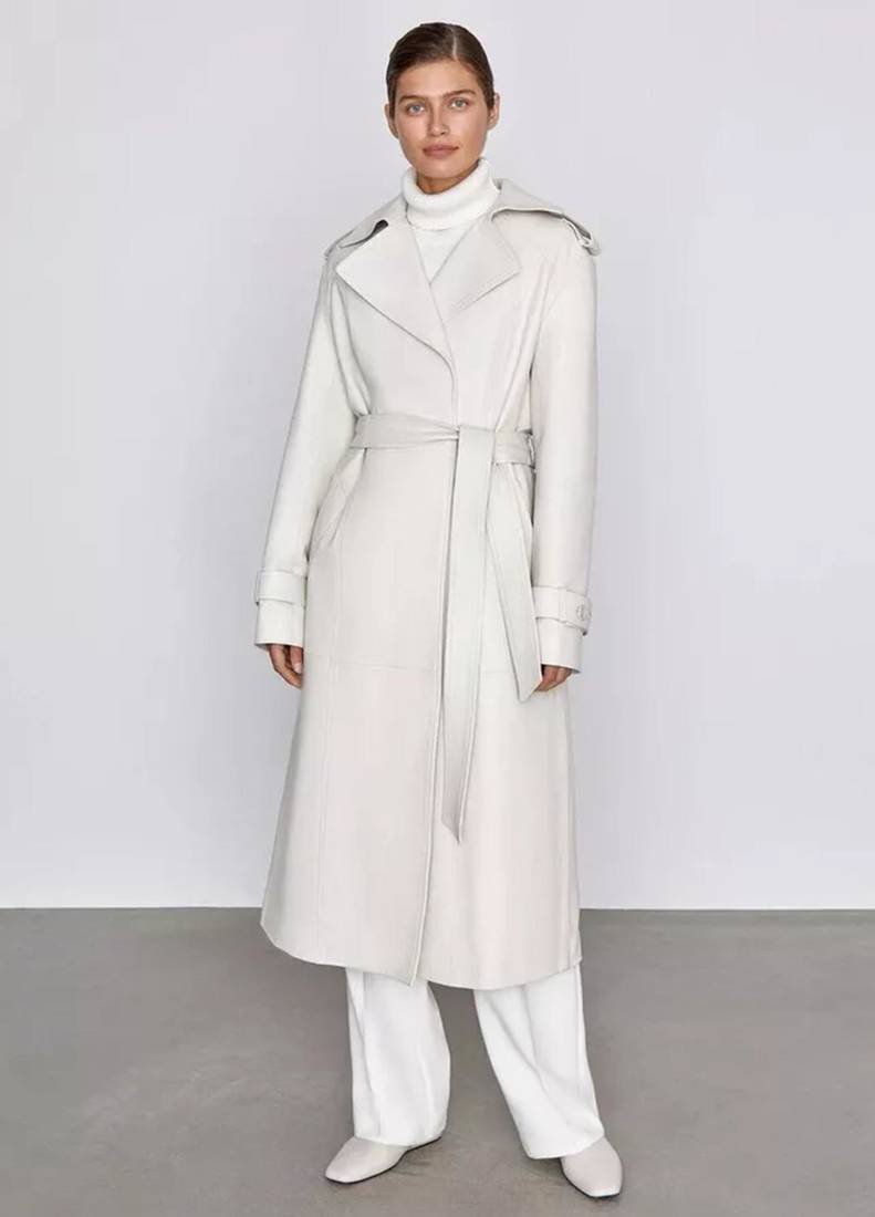 Women’s mid-length belted leather white trench-style coat 
