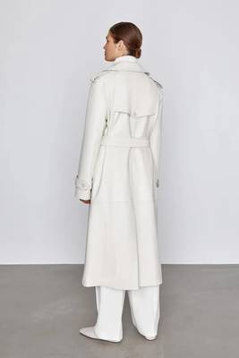 Women’s mid-length belted leather white trench-style coat  3