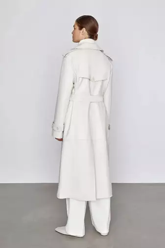 Women’s mid-length belted leather white trench-style coat 