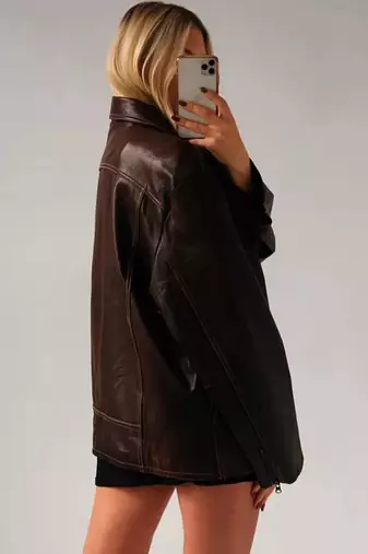 Women’s brown oversized, slouchy fit  lambskin leather jacket