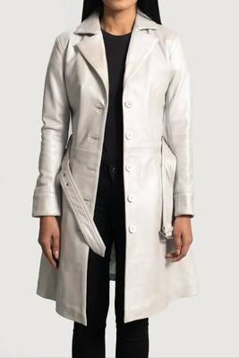 Women’s classic mid-length belted leather white trench-style coat 1