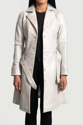 Women’s classic mid-length belted leather white trench-style coat
