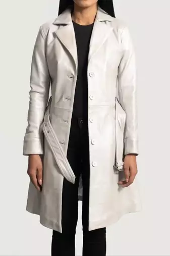 Women’s classic mid-length belted leather white trench-style coat