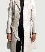 Women’s classic mid-length belted leather white trench-style coat