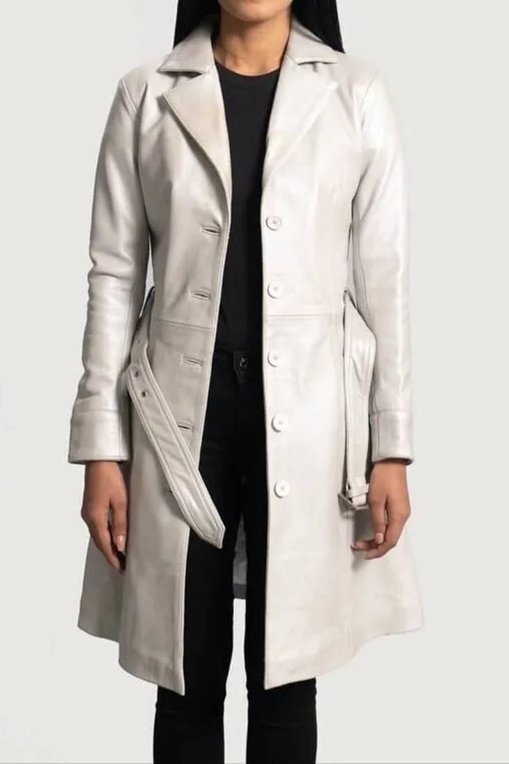 Women’s classic mid-length belted leather white trench-style coat