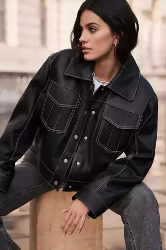 Women’s black  lambskin leather jacket -korean style trucker jacket