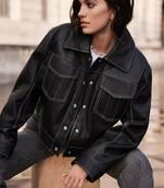 Women’s black  lambskin leather jacket -korean style trucker jacket