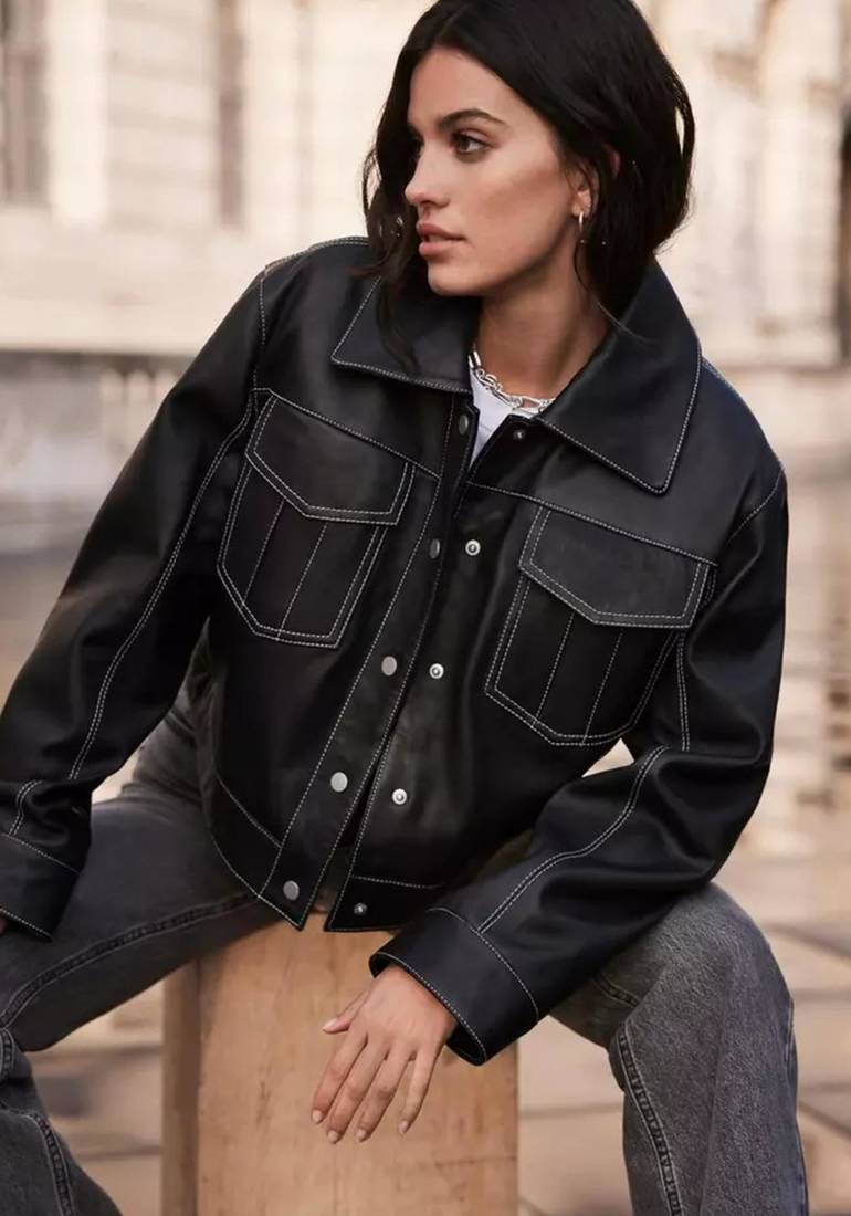 Women’s black  lambskin leather jacket -korean style trucker jacket