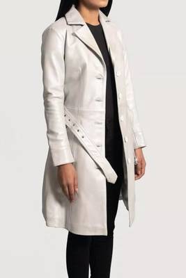 Women’s classic mid-length belted leather white trench-style coat 2