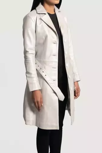 Women’s classic mid-length belted leather white trench-style coat