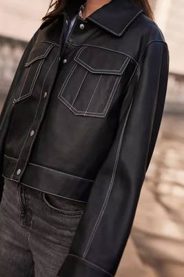 Women’s black  lambskin leather jacket -korean style trucker jacket 2
