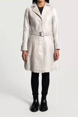 Women’s classic mid-length belted leather white trench-style coat 3
