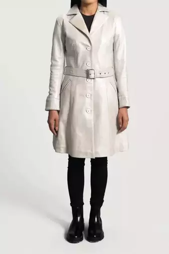 Women’s classic mid-length belted leather white trench-style coat