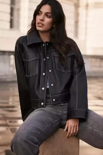 Women’s black  lambskin leather jacket -korean style trucker jacket