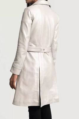Women’s classic mid-length belted leather white trench-style coat 4