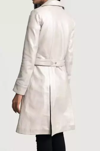 Women’s classic mid-length belted leather white trench-style coat