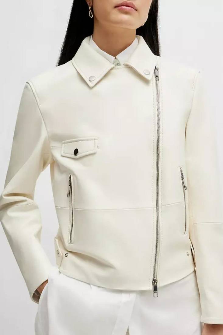 Women’s white  lambskin leather jacket -straight zipper detail & stylish look