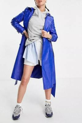 Women’s tailored knee-length leather trench coat dynamic cobalt blue 1
