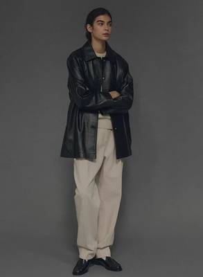 Women’s classic mid-length belted leather black trench-style coat 1