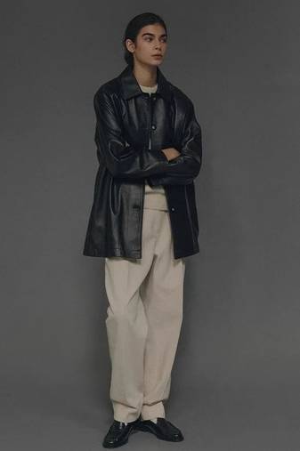 Women’s classic mid-length belted leather black trench-style coat