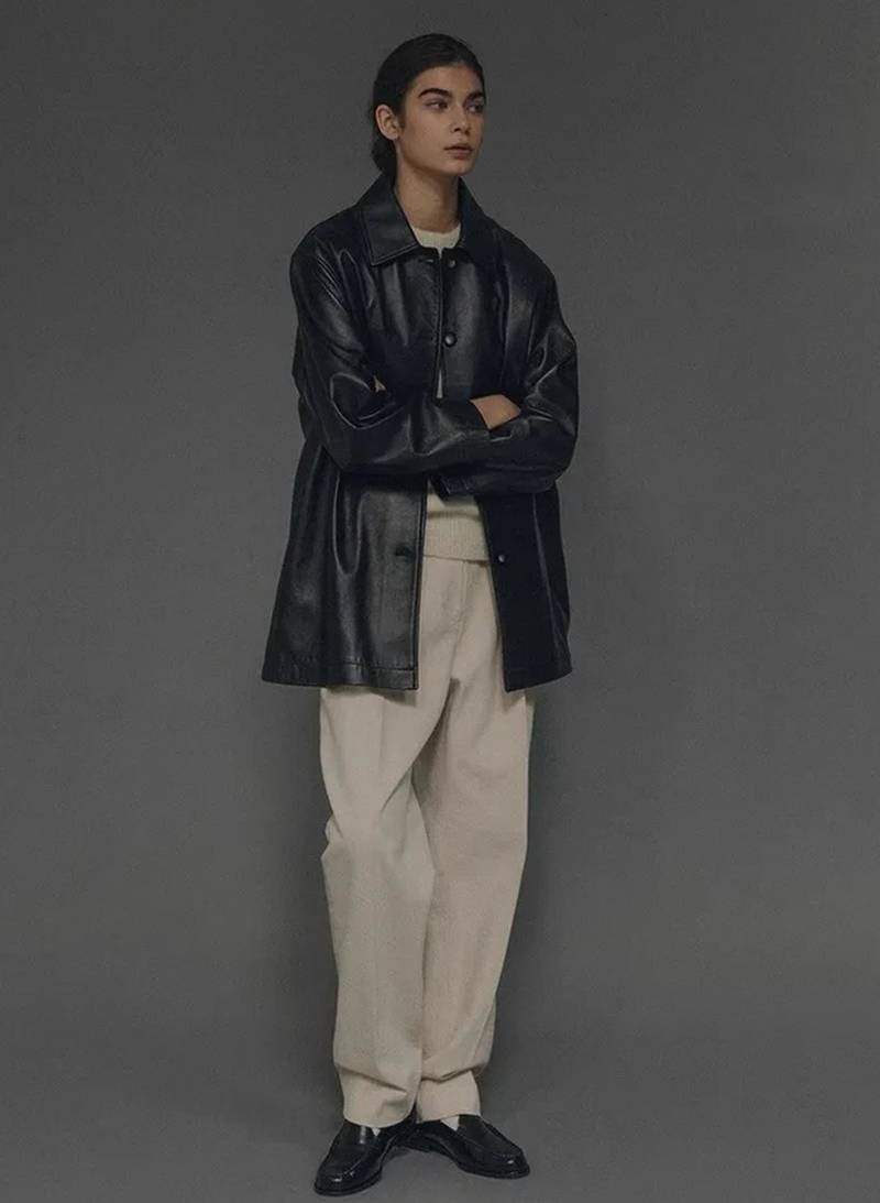 Women’s classic mid-length belted leather black trench-style coat