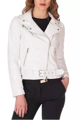 Women’s white lambskin leather biker jacket straight zipper detail 1