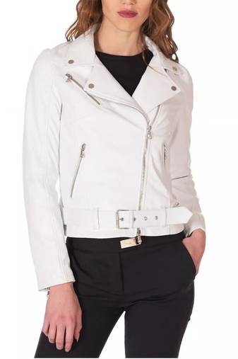 Women’s white lambskin leather biker jacket straight zipper detail