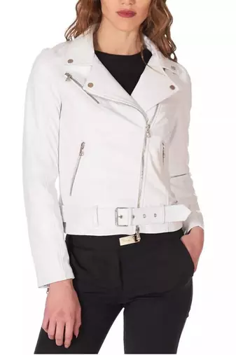 Women’s white lambskin leather biker jacket straight zipper detail
