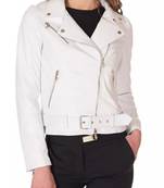 Women’s white lambskin leather biker jacket straight zipper detail