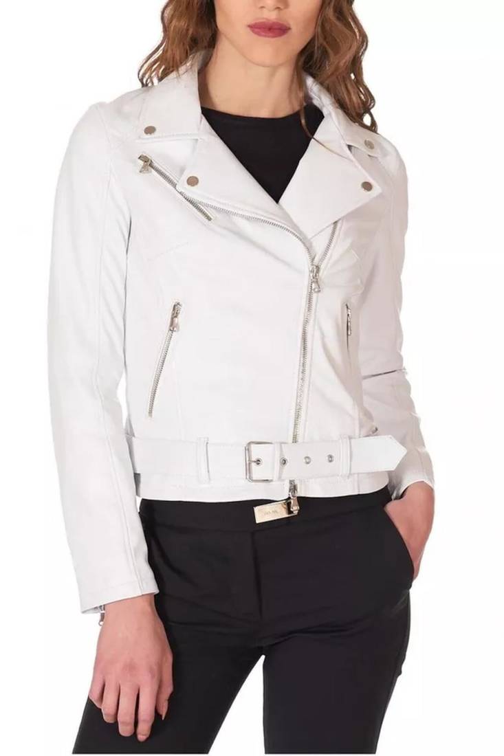 Women’s white lambskin leather biker jacket straight zipper detail